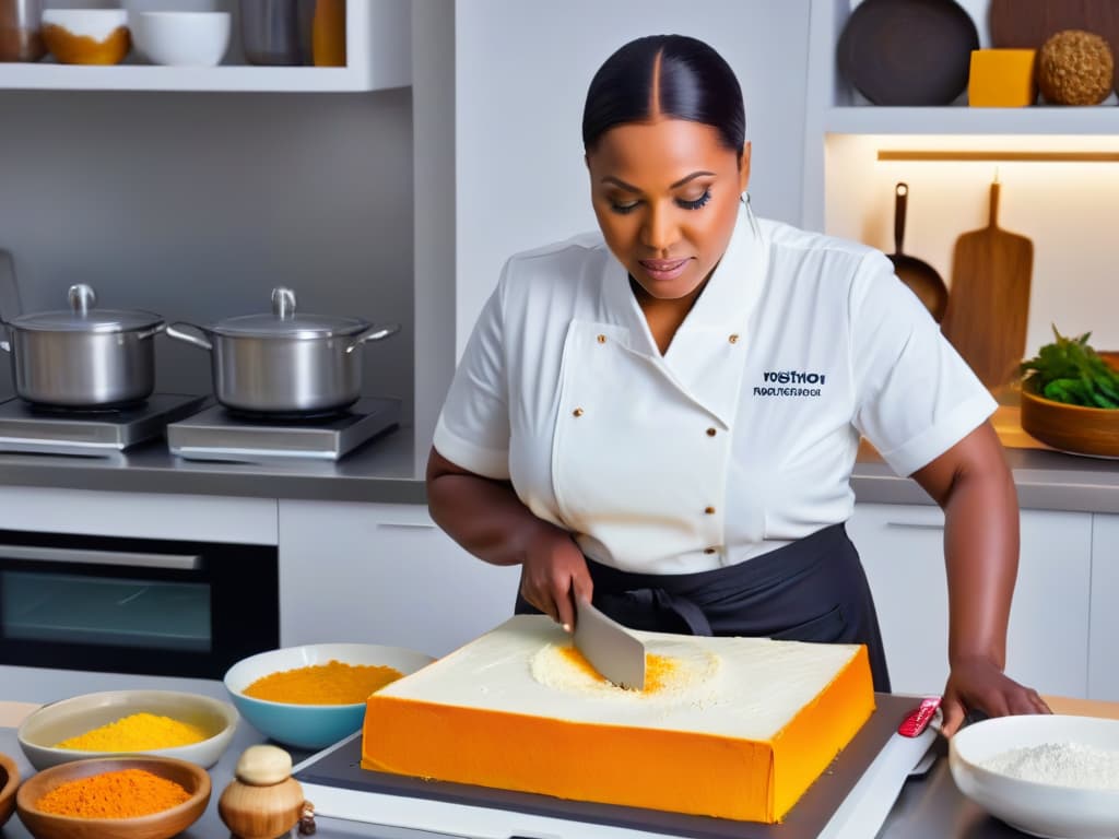  An ultradetailed image of a traditional African woman gracefully preparing a complex dessert in a minimalist kitchen, surrounded by vibrant ingredients and intricate kitchen tools, showcasing the unique techniques of African pastry making. hyperrealistic, full body, detailed clothing, highly detailed, cinematic lighting, stunningly beautiful, intricate, sharp focus, f/1. 8, 85mm, (centered image composition), (professionally color graded), ((bright soft diffused light)), volumetric fog, trending on instagram, trending on tumblr, HDR 4K, 8K