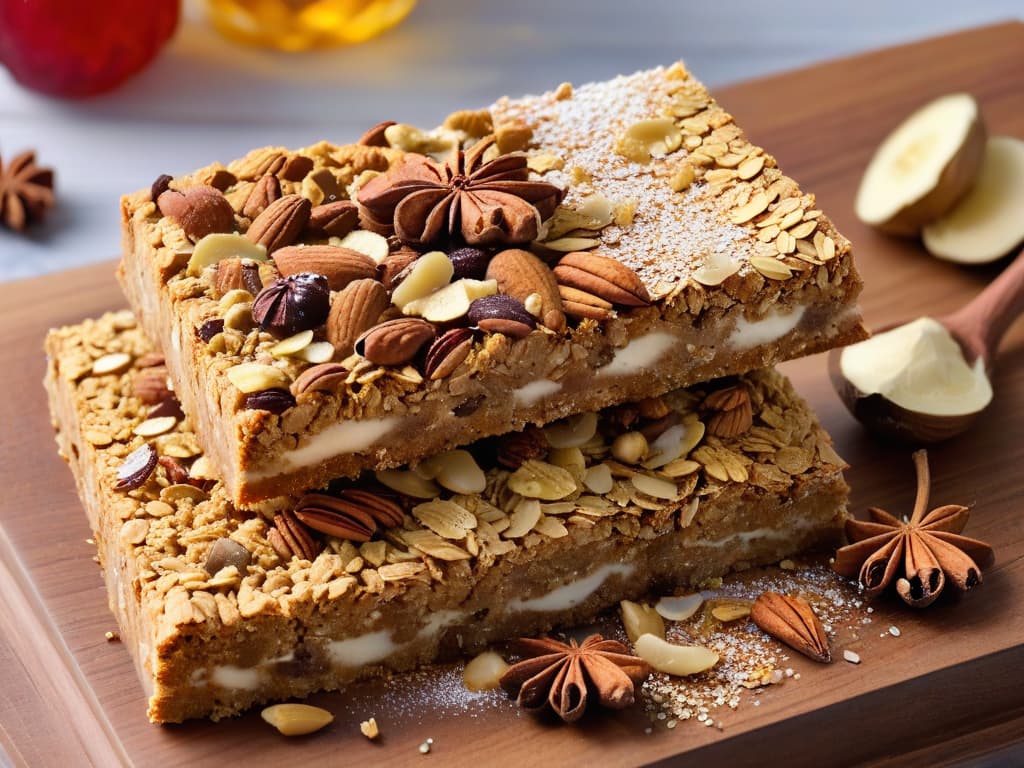  A closeup, ultradetailed image of a freshly baked batch of granola bars with autumn spices, featuring golden oats, crunchy nuts, warm cinnamon, and fragrant cloves perfectly arranged on a sleek, modern wooden cutting board. The bars are artfully stacked, showcasing their textured surface sprinkled with a hint of powdered sugar, highlighted by a soft, natural light that creates a cozy, inviting atmosphere. hyperrealistic, full body, detailed clothing, highly detailed, cinematic lighting, stunningly beautiful, intricate, sharp focus, f/1. 8, 85mm, (centered image composition), (professionally color graded), ((bright soft diffused light)), volumetric fog, trending on instagram, trending on tumblr, HDR 4K, 8K