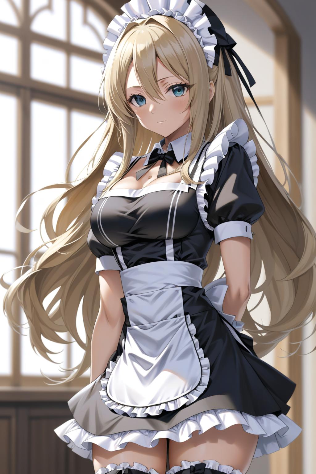  anime, A woman wearing a maid suit with big chest and hip and long hair