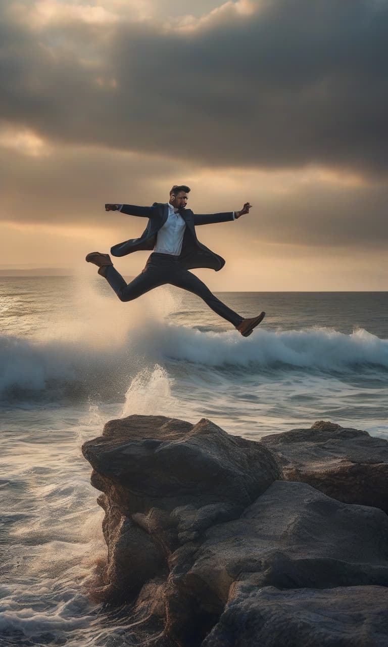  young man jumping from a rock into the water at sea, around the seascape, dawn morning hyperrealistic, full body, detailed clothing, highly detailed, cinematic lighting, stunningly beautiful, intricate, sharp focus, f/1. 8, 85mm, (centered image composition), (professionally color graded), ((bright soft diffused light)), volumetric fog, trending on instagram, trending on tumblr, HDR 4K, 8K