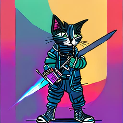 nvinkpunk futuristic cat warrior with a sword and laser gun