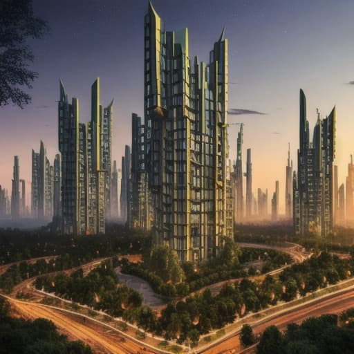  a post-modern elven forest city at dusk