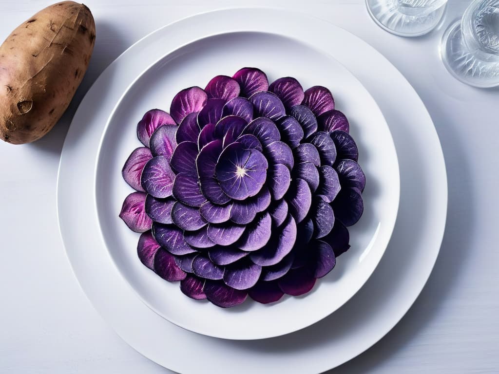  A highresolution, minimalist image of a vibrant purple sweet potato sliced into thin rounds arranged in a visually appealing pattern on a clean, white ceramic plate. The natural textures and rich colors of the sweet potato slices are the focal point, showcasing the beauty of this traditional ingredient in a modern, elegant presentation. hyperrealistic, full body, detailed clothing, highly detailed, cinematic lighting, stunningly beautiful, intricate, sharp focus, f/1. 8, 85mm, (centered image composition), (professionally color graded), ((bright soft diffused light)), volumetric fog, trending on instagram, trending on tumblr, HDR 4K, 8K