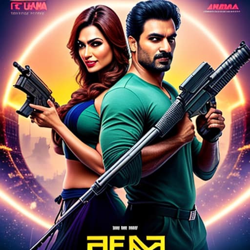  Peter Kumar Khan and Esha Gupta in Shahar Rakshak movie poster with Hindi text, holding guns, with a sense of speed hyperrealistic, full body, detailed clothing, highly detailed, cinematic lighting, stunningly beautiful, intricate, sharp focus, f/1. 8, 85mm, (centered image composition), (professionally color graded), ((bright soft diffused light)), volumetric fog, trending on instagram, trending on tumblr, HDR 4K, 8K