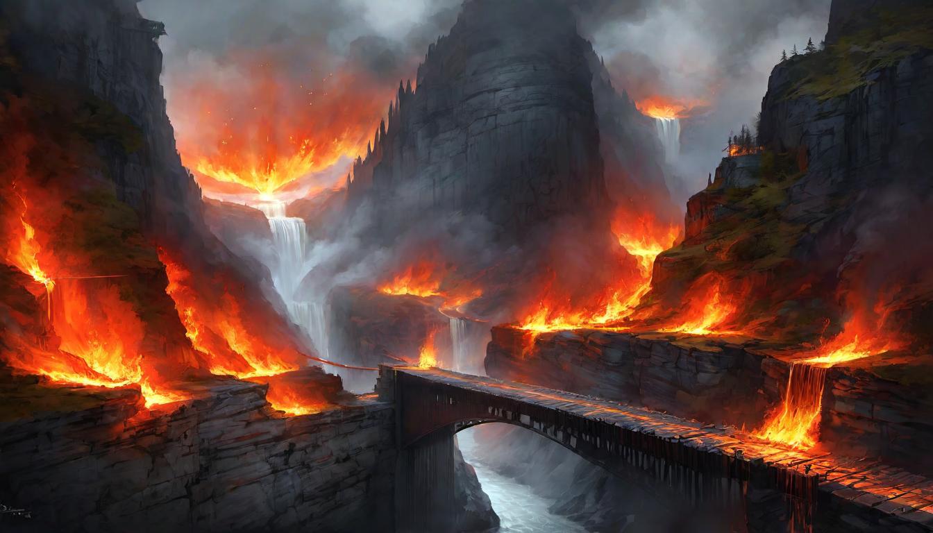  digital painting of Long, narrow bridge over fiery chasm, glowing flames below, haunting and intimidating, ethereal light, sense of danger and trial looking at viewer, dynamic pose, (intricate details, masterpiece, best quality)