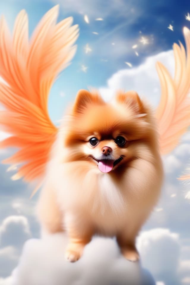  Pomeranian angel, angel feathers, orange, cute on clouds