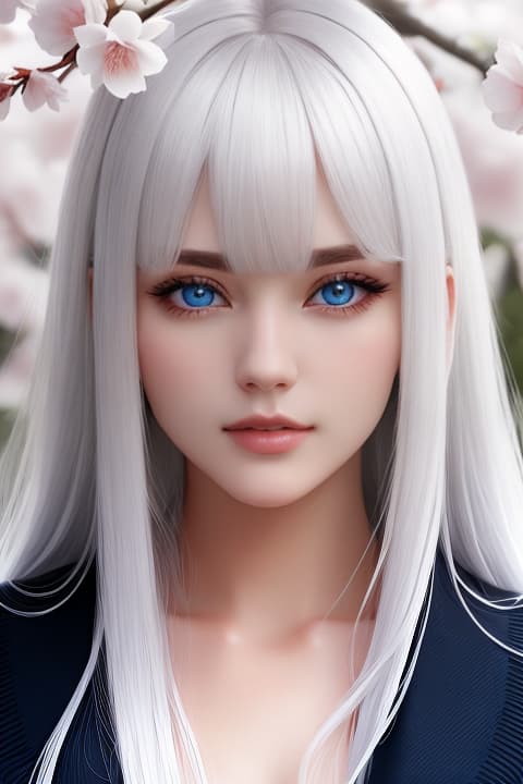  , white hair, camellia, cherry blossoms, ball, long hair, lying, bangs, blue eyes, falling petals, flower, looking at viewer, model face, (dark picture), 1, , symmetrical face, cute, highly detail eyes, highly detail mouth, highly detailed face, (both eyes are the same),