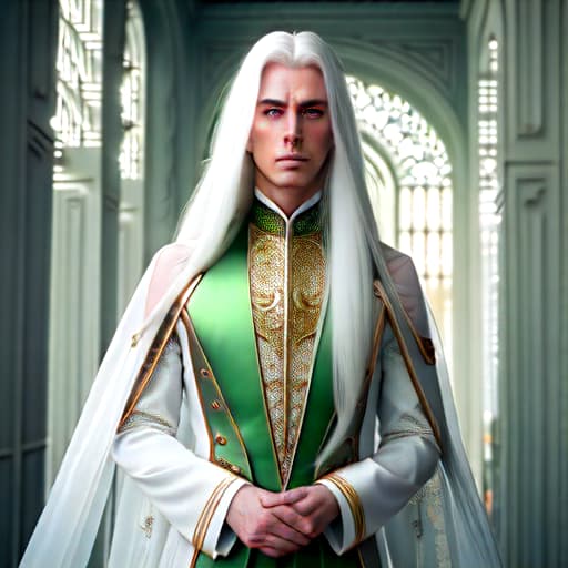  long white hair and green eyes boy hyperrealistic, full body, detailed clothing, highly detailed, cinematic lighting, stunningly beautiful, intricate, sharp focus, f/1. 8, 85mm, (centered image composition), (professionally color graded), ((bright soft diffused light)), volumetric fog, trending on instagram, trending on tumblr, HDR 4K, 8K