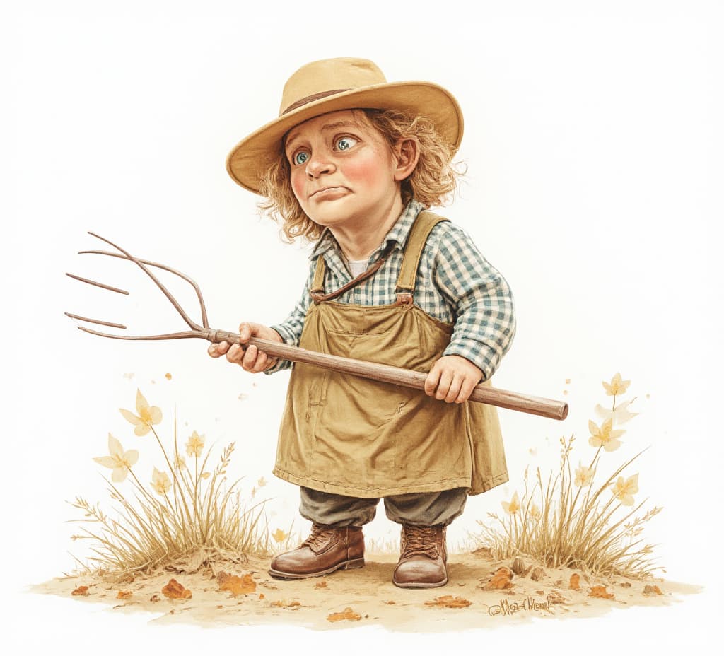  good quality, high quality, curious farmer figure with pitchfork in nostalgic watercolor painting