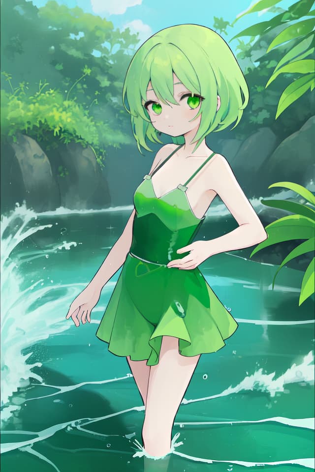  Green hair character water and oil