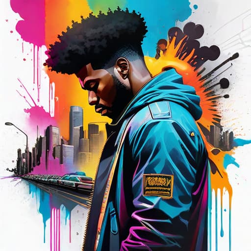  ((white background)), graffiti style Impactful composition, dripping neon heat splash paint across the shape of a Side view of black man with rich afro hair, ((artistic)), ((water color)), bust shoot, high detail, street art, vibrant, urban, detailed, tag, mural hyperrealistic, full body, detailed clothing, highly detailed, cinematic lighting, stunningly beautiful, intricate, sharp focus, f/1. 8, 85mm, (centered image composition), (professionally color graded), ((bright soft diffused light)), volumetric fog, trending on instagram, trending on tumblr, HDR 4K, 8K