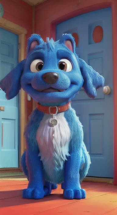  {Max the big blue dog standing in front of a cozy little house with a red door, The big blue dog is large with sky blue fur, big round eyes, a black nose, and floppy ears.