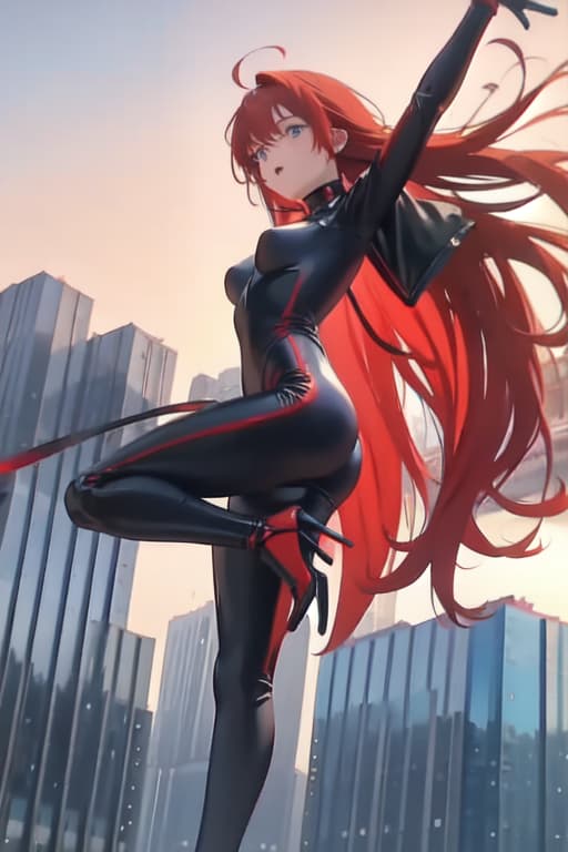  A young with dyed red hair in a black PVC super catsuit with intergrated high heels flying high in the sky