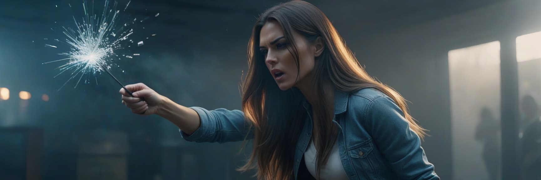  A girl with long hair breaks the glass into pieces with a punch forward. hyperrealistic, full body, detailed clothing, highly detailed, cinematic lighting, stunningly beautiful, intricate, sharp focus, f/1. 8, 85mm, (centered image composition), (professionally color graded), ((bright soft diffused light)), volumetric fog, trending on instagram, trending on tumblr, HDR 4K, 8K