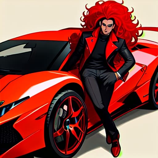  una foto de un negro con el pelo rojo en un Lamborghini