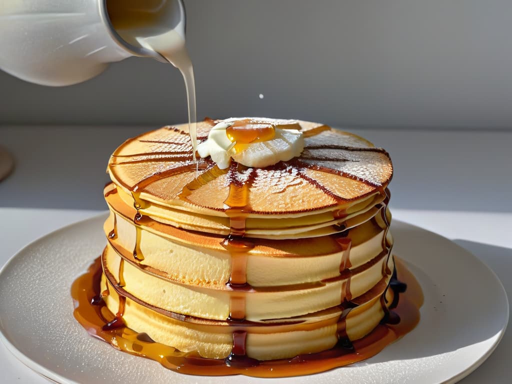  An ultradetailed closeup image of a stack of fluffy pancakes drizzled with rich ambercolored maple syrup, with each individual syrup droplet sparkling in the light, showcasing the intricate texture and glossy finish of the syrup as it cascades down the sides of the pancakes. The image captures the essence of indulgent breakfast treats and tantalizes the viewer's senses with its mouthwatering appeal. hyperrealistic, full body, detailed clothing, highly detailed, cinematic lighting, stunningly beautiful, intricate, sharp focus, f/1. 8, 85mm, (centered image composition), (professionally color graded), ((bright soft diffused light)), volumetric fog, trending on instagram, trending on tumblr, HDR 4K, 8K