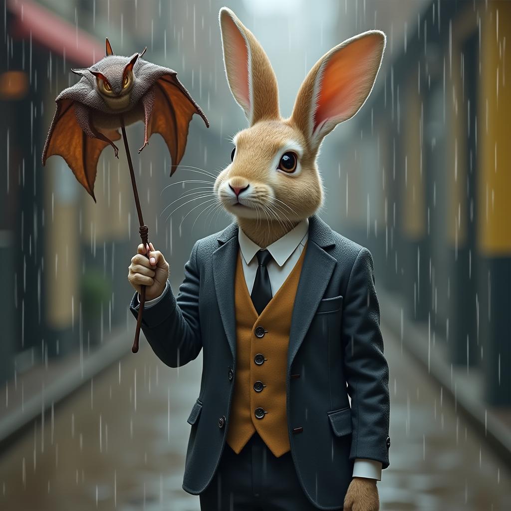  good quality, high quality, a stylish rabbit dressed in a suit, holding a bat under the rain, blending whimsy with urban elegance.