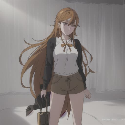  A with hair, neither long nor short, wears a bow on the back of her head, honey colored eyes, wears gray shorts and a loose beige , looks like a young and kind with the appearance of anime style hyperrealistic, full body, detailed clothing, highly detailed, cinematic lighting, stunningly beautiful, intricate, sharp focus, f/1. 8, 85mm, (centered image composition), (professionally color graded), ((bright soft diffused light)), volumetric fog, trending on instagram, trending on tumblr, HDR 4K, 8K