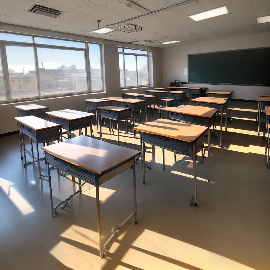  A spacious, empty classroom with a clean blackboard on the wall and a beautiful lectern in front of it, sunlight shining in, no students, no teachers, no one