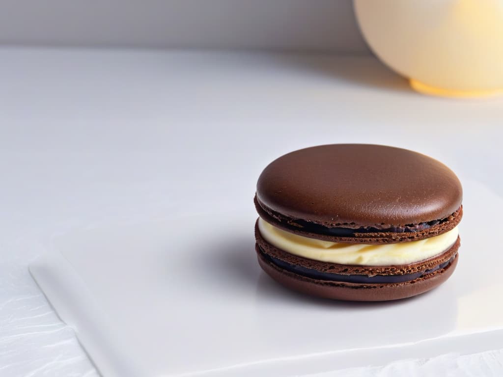  A highresolution image of a hand holding a perfectly crafted chocolate macaron, showcasing the glossy finish and intricate details of the dessert. The background is blurred to keep the focus on the delicate treat, highlighting the artistry and precision involved in sustainable chocolate pastrymaking. hyperrealistic, full body, detailed clothing, highly detailed, cinematic lighting, stunningly beautiful, intricate, sharp focus, f/1. 8, 85mm, (centered image composition), (professionally color graded), ((bright soft diffused light)), volumetric fog, trending on instagram, trending on tumblr, HDR 4K, 8K