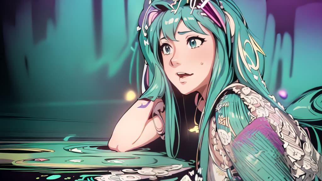  (masterpiece, best quality, highres:1.2), (intricate and beautiful:1.2), (detailed light:1.2), (colorful, dynamic angle), upper body shot, fashion photography of cute, intense long hair, (Hatsune Miku), dancing pose, flirting with POV, dynamic pose, soft moonlight passing through hair, (abstract colorful art background:1.3), (official art), (cinematic), 