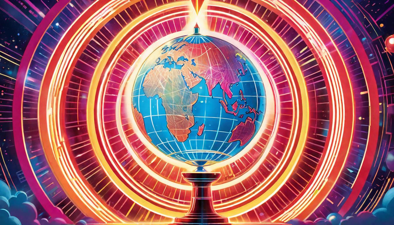  retro futuristic The globe surrounded by concentric circles of light, with vibrant energy pulses feeding into a central, glowing heart. Collective consciousness activation, energy seeds dispersing, transformative waves. lvintage sci fi, 50s and 60s style, atomic age, vibrant, highly detailed