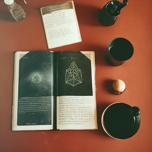 analog style in the alchemist's room. There is a spell book on the table. There are alchemical ingredients on the table. There is a forest outside the window. magical signs are circling over the book