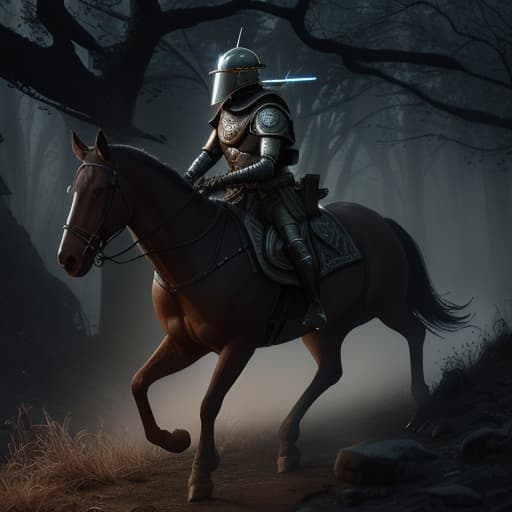  Un soldado con armadura de guerra desgastada dañada sin casco con rostro lastimado montando un caballo de color marrón caminando por un bosque sombrío oscuro ambiente triste y oscuro con cabeza en picada ambiente triste con lluvia llorando Cinematic Quality, High Resolution, Dramatic hyperrealistic, full body, detailed clothing, highly detailed, cinematic lighting, stunningly beautiful, intricate, sharp focus, f/1. 8, 85mm, (centered image composition), (professionally color graded), ((bright soft diffused light)), volumetric fog, trending on instagram, trending on tumblr, HDR 4K, 8K