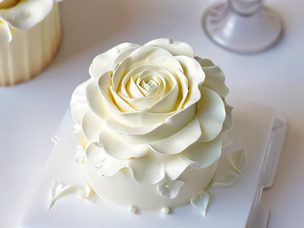  A closeup, ultradetailed image of a single perfectly sculpted, shimmering sugar rose, delicately placed on top of a pristine white frosted cupcake. The intricate details of the rose petals are visible, showcasing the skill and artistry involved in creating edible decorations. The background is blurred to keep the focus solely on the exquisite sugar rose, emphasizing its elegance and beauty. hyperrealistic, full body, detailed clothing, highly detailed, cinematic lighting, stunningly beautiful, intricate, sharp focus, f/1. 8, 85mm, (centered image composition), (professionally color graded), ((bright soft diffused light)), volumetric fog, trending on instagram, trending on tumblr, HDR 4K, 8K