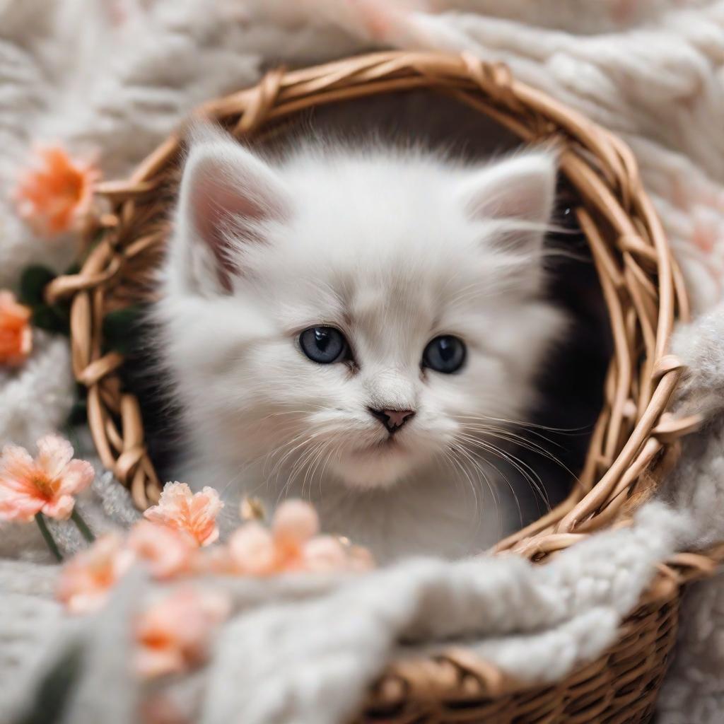  Masterpiece, best quality, a fluffy grey and white kitten with big round eyes curled up in a cozy soft basket. The environment is a sunny room with soft floral pattern curtains and plush carpet. The atmosphere is warm and comfortable, creating a sense of tranquility and innocence. The style is a dreamy photo with soft focus effects that enhance the cuteness of the kitten. The light is naturally soft, and this is a high-resolution photo taken with a DSLR camera that uses a shallow depth of field to highlight the kitten's cute features.