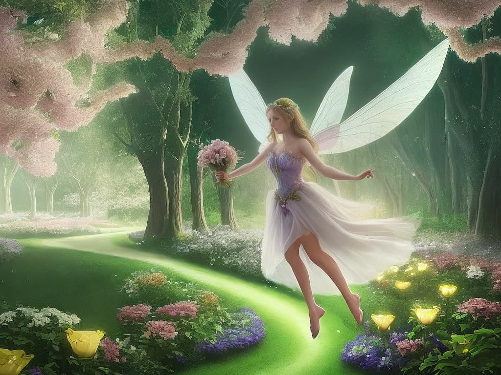  a beautiful realistic fairy, flying high, holding a bouquet avender flowers, with a lighted fairy forest in the background