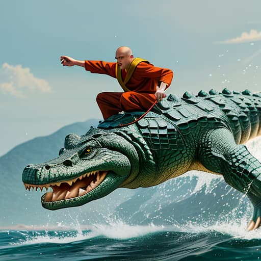  A monk riding a crocodile,