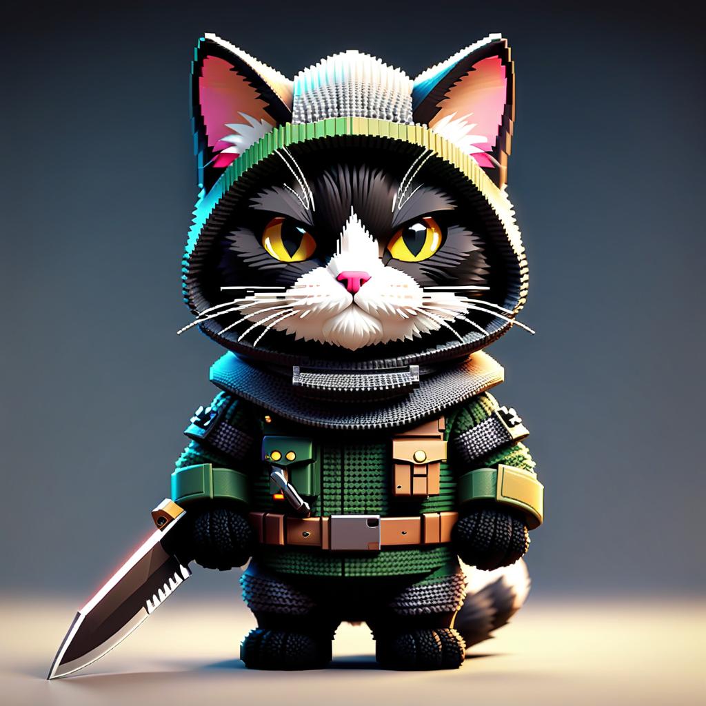  pixel art a cat in balaclava with a knife M9 Bayonet . low res, blocky, pixel art style, 8 bit graphics hyperrealistic, full body, detailed clothing, highly detailed, cinematic lighting, stunningly beautiful, intricate, sharp focus, f/1. 8, 85mm, (centered image composition), (professionally color graded), ((bright soft diffused light)), volumetric fog, trending on instagram, trending on tumblr, HDR 4K, 8K