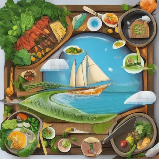  Adventurer sailing to an island made of food.