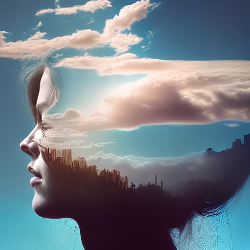 dublex style dream world blending into silhouette woman's head, super detailed, double exposure, beautiful fantasy landscape,  realistic and natural,  nature,  hd photography,  realistic surrealism,  magical,  hyperrealism, Canaletto, digital painting,  digital illustration,  extreme detail,  digital art,  4k,  ultra hd, trending on artstation, surrealism