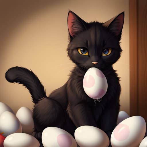  cat, egg, oviposition, black, open eyes, digital art, masterpiece, 4k, fine details,