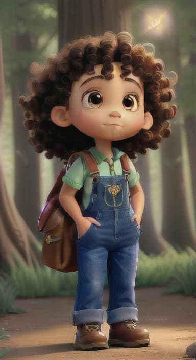  {The tree shining brightly and releasing a gentle, magical light., Riley, a curious with big brown eyes and curly hair, wearing overalls and carrying a small backpack. Their friend, Skye, a bluebird with shiny feathers.