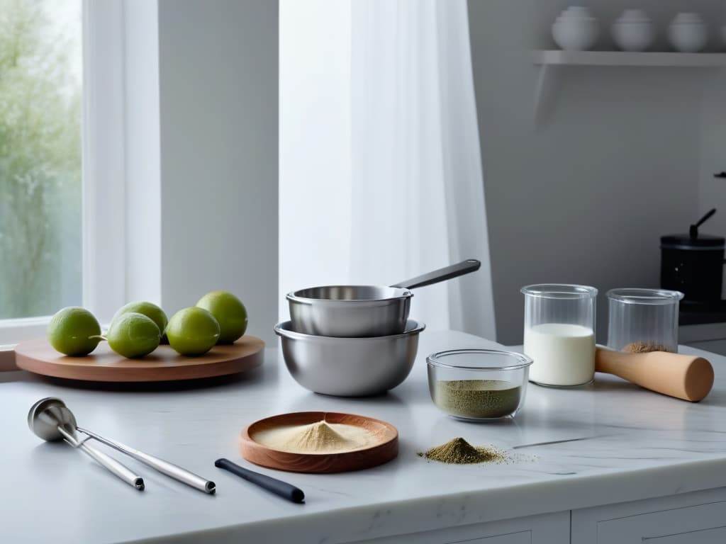  An ultradetailed, minimalist image of a serene kitchen scene with a pristine marble countertop, featuring meticulously arranged baking tools like measuring cups, a whisk, and a rolling pin. A beam of soft, natural light illuminates the setup, casting gentle shadows and creating a peaceful ambiance that conveys a sense of preparedness and control amidst the potential chaos of a baking competition. hyperrealistic, full body, detailed clothing, highly detailed, cinematic lighting, stunningly beautiful, intricate, sharp focus, f/1. 8, 85mm, (centered image composition), (professionally color graded), ((bright soft diffused light)), volumetric fog, trending on instagram, trending on tumblr, HDR 4K, 8K