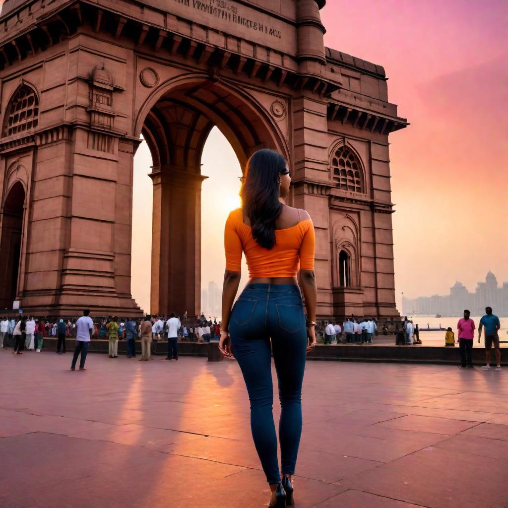  A girl with a good physique standing near the Gateway of India, Mumbai. The setting sun is casting a warm glow on the iconic monument and the girl's silhouette. The sea in the background is calm and the sky is painted in hues of orange and pink, creating a peaceful and serene atmosphere. hyperrealistic, full body, detailed clothing, highly detailed, cinematic lighting, stunningly beautiful, intricate, sharp focus, f/1. 8, 85mm, (centered image composition), (professionally color graded), ((bright soft diffused light)), volumetric fog, trending on instagram, trending on tumblr, HDR 4K, 8K