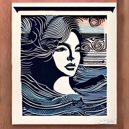 mdjrny-pprct Lino print style mermaid