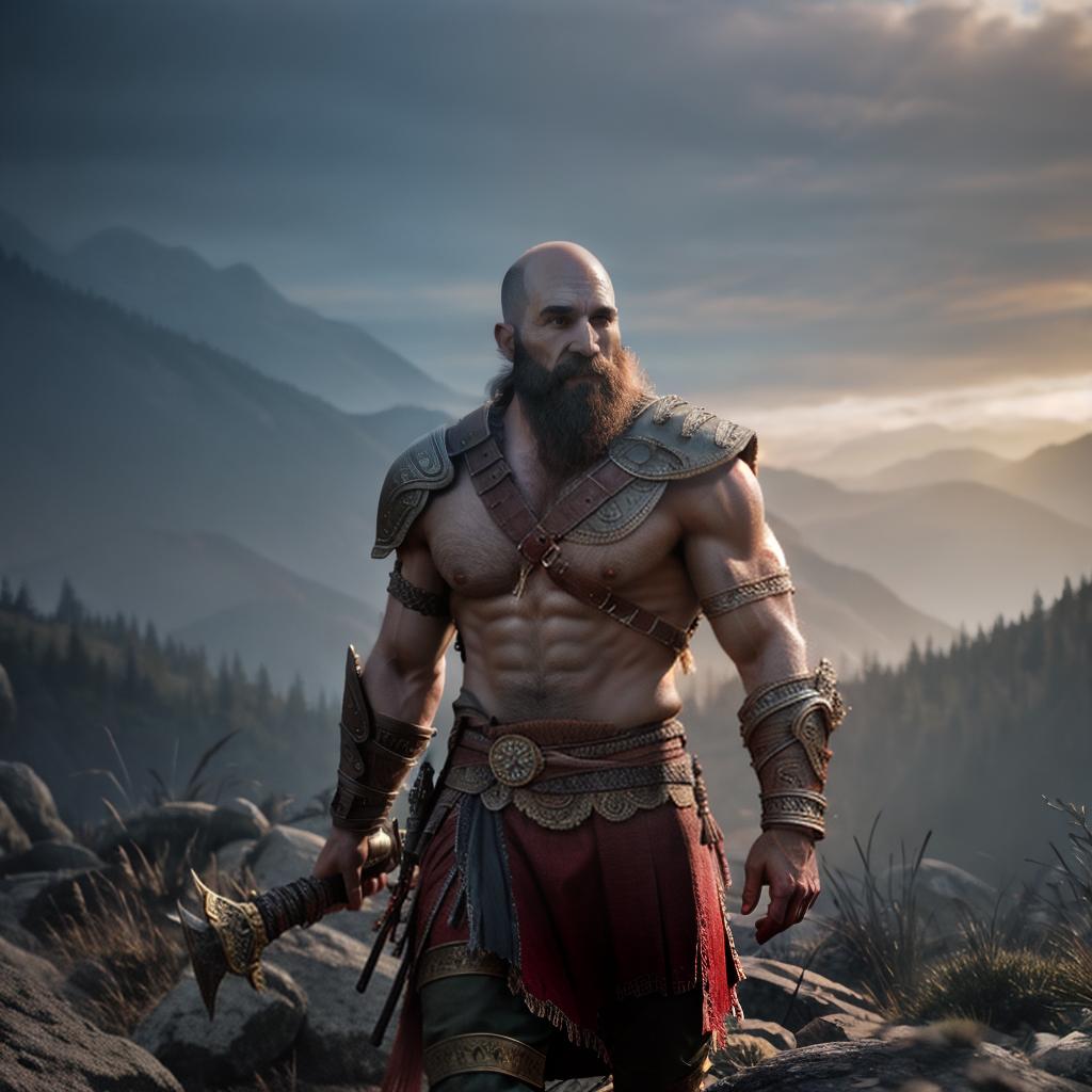  God of war hyperrealistic, full body, detailed clothing, highly detailed, cinematic lighting, stunningly beautiful, intricate, sharp focus, f/1. 8, 85mm, (centered image composition), (professionally color graded), ((bright soft diffused light)), volumetric fog, trending on instagram, trending on tumblr, HDR 4K, 8K