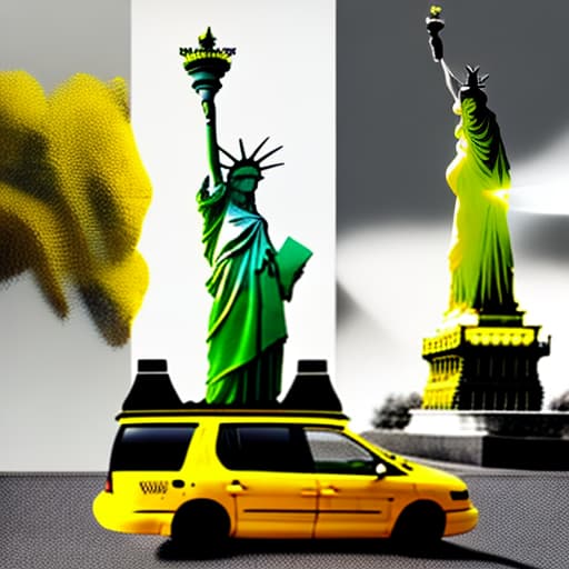 estilovintedois A playful photo montage of a yellow taxi cab playing hide and seek with the Statue of Liberty