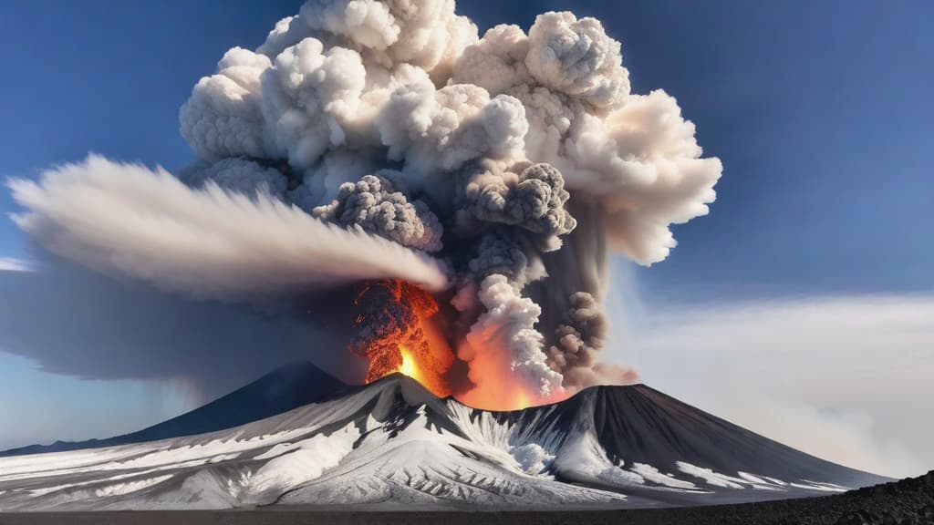  A volcanic eruption with molten lava and ash clouds billowing