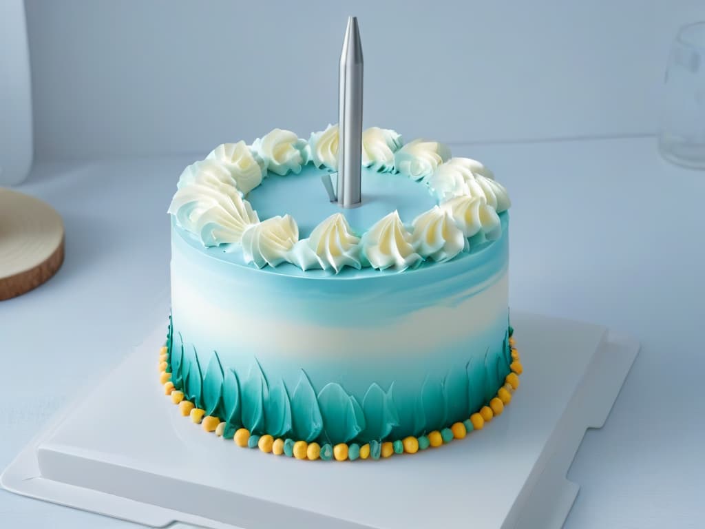  An ultradetailed image of a sleek, futuristic cake decorating gadget with intricate, precise piping nozzles and a touch screen interface, showcasing its innovative design and hightech features in a minimalist setting. hyperrealistic, full body, detailed clothing, highly detailed, cinematic lighting, stunningly beautiful, intricate, sharp focus, f/1. 8, 85mm, (centered image composition), (professionally color graded), ((bright soft diffused light)), volumetric fog, trending on instagram, trending on tumblr, HDR 4K, 8K