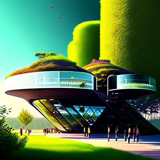  Two futuristic towers with a skybridge covered in lush foliage, digital art