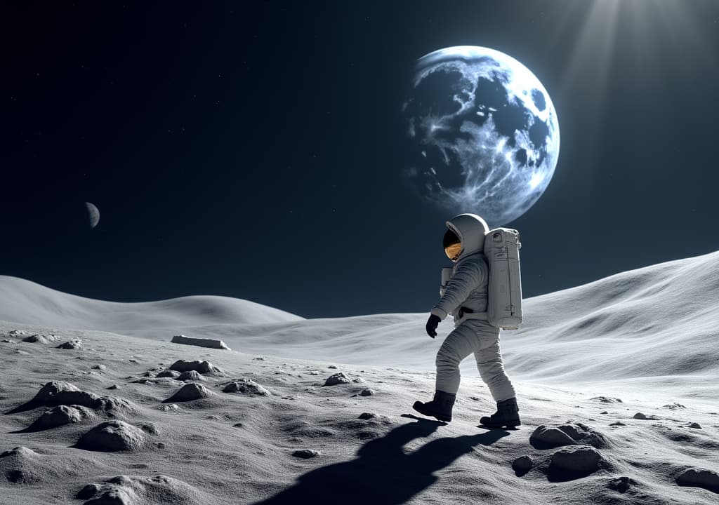  good quality, high quality, space conquest and back to the moon race concept image with an astronaut walking on the moon and view of the earth in background