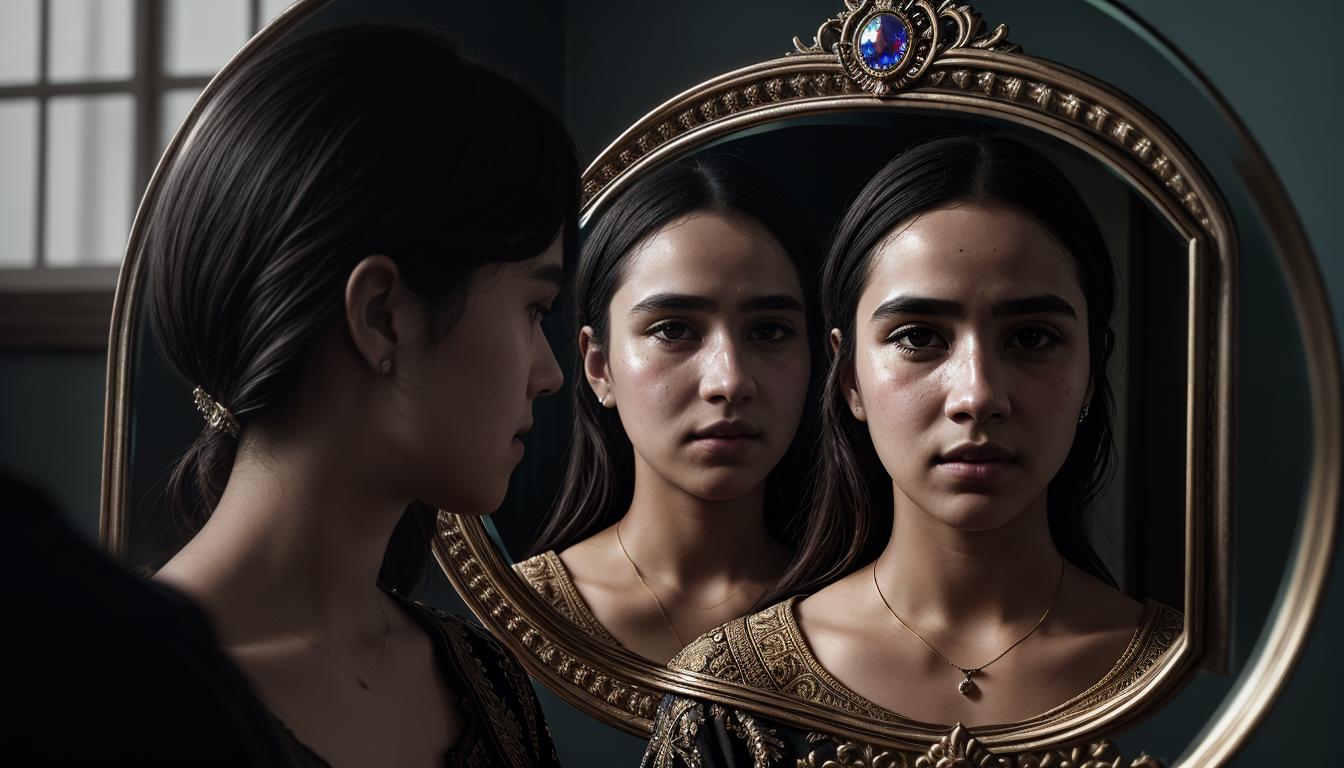  cinematic, aesthetic, Cracked mirror reflecting diverse faces, each fragment showing a different expression, mirror with ornate borders, vulnerability, depth of character, fragmented self, 4k, HDR, lens flare