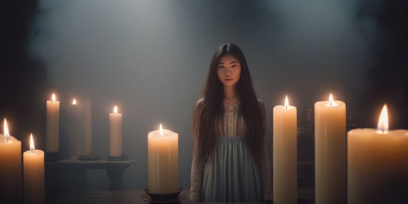  A long haired girl is standing next to a huge candle. hyperrealistic, full body, detailed clothing, highly detailed, cinematic lighting, stunningly beautiful, intricate, sharp focus, f/1. 8, 85mm, (centered image composition), (professionally color graded), ((bright soft diffused light)), volumetric fog, trending on instagram, trending on tumblr, HDR 4K, 8K