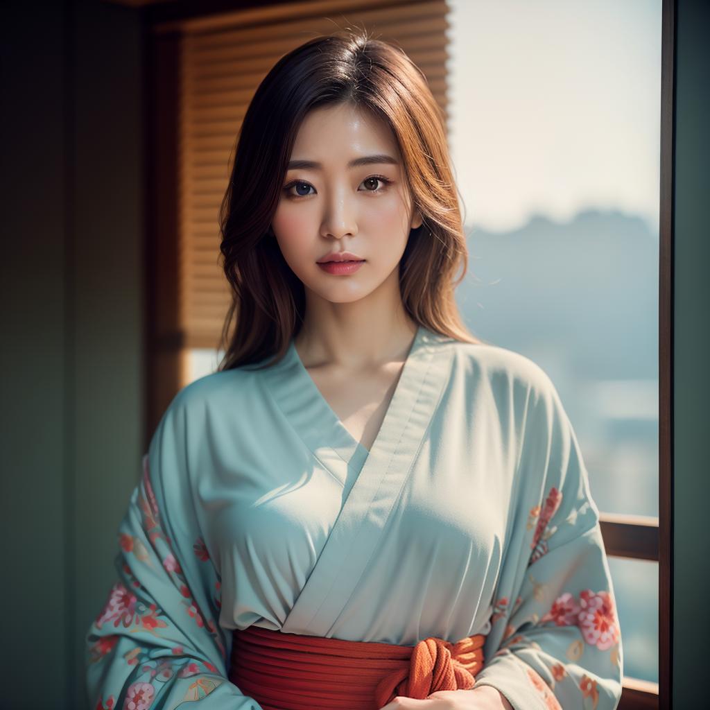  (masterpiece:1.3), (8k, photorealistic, photo, best quality: 1.4), (Japanese woman wearing clothes:),(realistic face), realistic eyes, (realistic skin), beautiful skin, kimono, (perfect body:1.3), (detailed body:1.2), hyperrealistic, full body, detailed clothing, highly detailed, cinematic lighting, stunningly beautiful, intricate, sharp focus, f/1. 8, 85mm, (centered image composition), (professionally color graded), ((bright soft diffused light)), volumetric fog, trending on instagram, trending on tumblr, HDR 4K, 8K