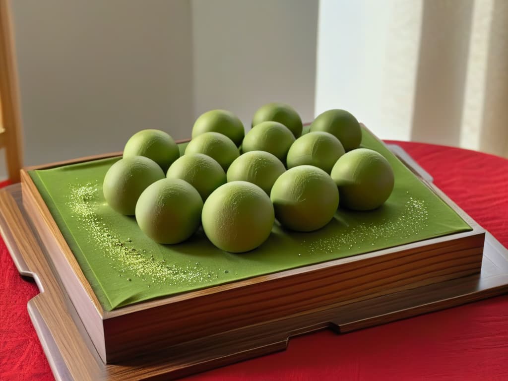  A closeup, highresolution image of perfectly round, glossy dango balls arranged in a traditional wooden Japanese serving tray. The dango balls are evenly spaced, showcasing their soft, chewy texture and subtle pastel colors. The wooden tray sits on a light, neutral background, allowing the focus to remain on the simple, elegant presentation of the dango. Each ball is delicately dusted with a light sprinkle of vibrant matcha powder, adding a pop of color and hint of bitterness to the overall composition. hyperrealistic, full body, detailed clothing, highly detailed, cinematic lighting, stunningly beautiful, intricate, sharp focus, f/1. 8, 85mm, (centered image composition), (professionally color graded), ((bright soft diffused light)), volumetric fog, trending on instagram, trending on tumblr, HDR 4K, 8K